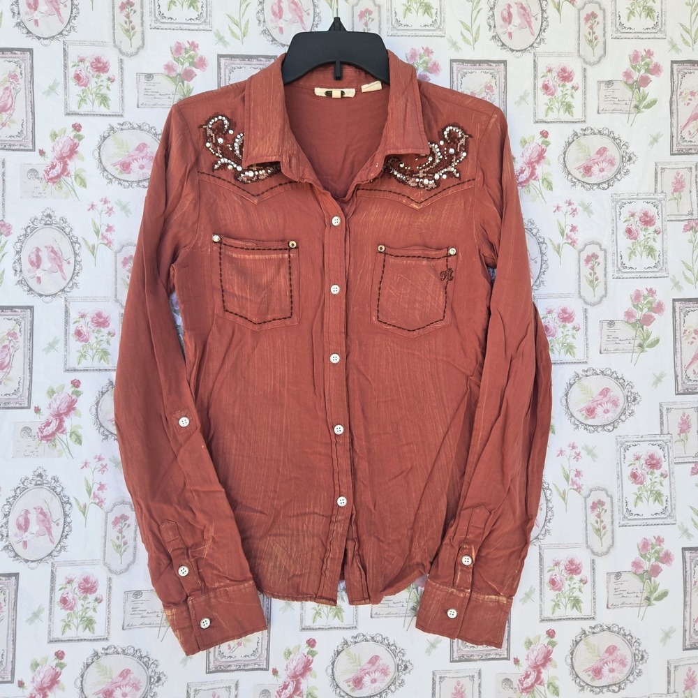 Miss Me Womens S Western Shirt Rust Red Fleur De Lis Rhinestone Embellished BOHO